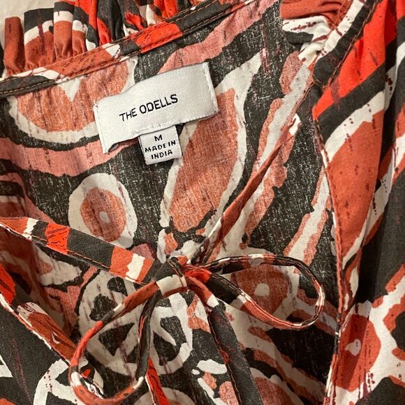 ~Rare The Odells Med Boho Top Vneck Tie Ruffle Short Balloon Sleeve Brown Rust - Picture 9 of 16